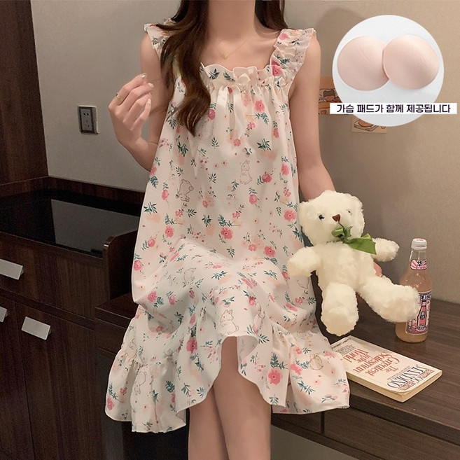 여성용 가슴패드 일체형 심플 귀엽다 홈웨어 여름 원피스 잠옷 아잉 리본 프릴 나시 원피스 잠옷 가슴 패드 제거 가능