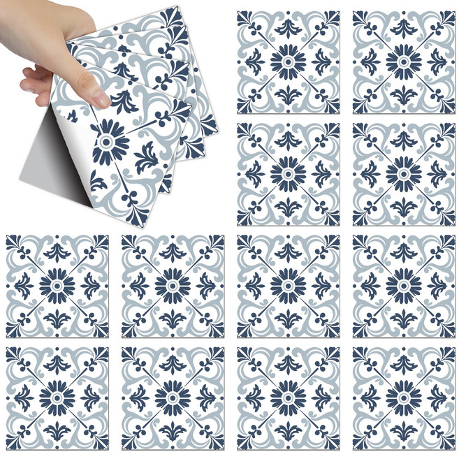 PVC 타일 시트지 세트 다양한 패턴 방수 주방 욕실 리폼 장식 10x10cm 1세트 총 36개, 파란색
