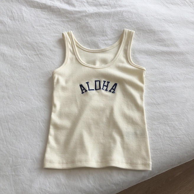 BM風螺紋設計款英文字母刺繡ALOHA顯瘦內搭小背心 修身無袖背心 工字背心
