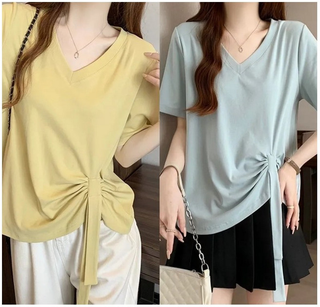 녕동 빅사이즈 여성 1+1 반팔 티셔츠 여름 브이넥 캐주얼 무지 허리 셔링 티셔츠