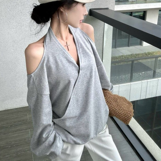 COSYEVNO 여성용 오프숄더 브이넥 니트 긴팔 티셔츠 봄 가을용 BCXtx-7