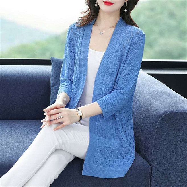 JIEVE 세련된 간편하고 편안한 봄 가을 여름 여성 니트 롱 가디건 7부 소매 전방 오픈 디자인
