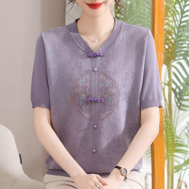 엄마 여름 반팔 상의 중년 여성 얇은 니트 스웨터 새로운 중국풍 여성 시어머니 기본 상의