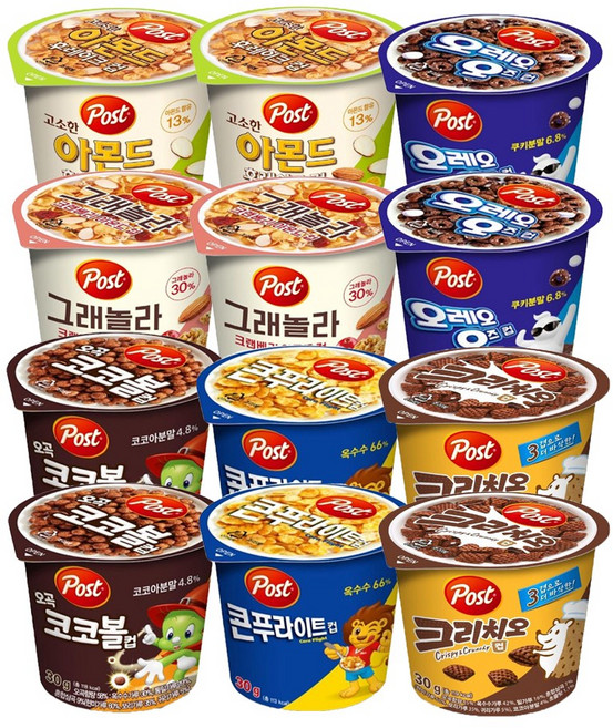 포스트 컵시리얼 6종 총 12개 콘푸라이트 코코볼 오즈 아몬드 크랜베리 크리치오, 1개, 30g