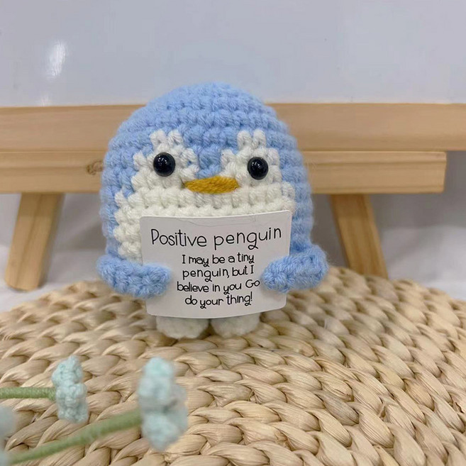 롤링무비 해바라기 뜨개인형 화분 나무받침대 포함 긍정 메시지 힐링 선물 책상 인테리어 오브제, 긍정 펭귄