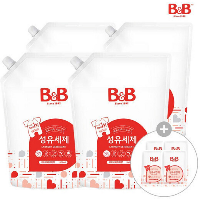 비앤비 유아 세탁 섬유세제 베이비파우더 리필형, 4개, 4개입, 1.5L
