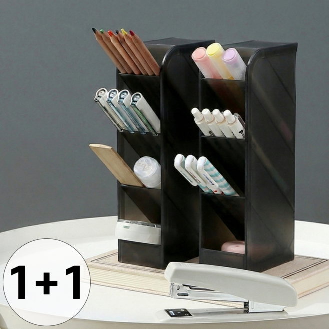 루니바 다용도 사선 책상 정리함 연필꽂이 데스크 오거나이저 1+1, 2개, 검은색