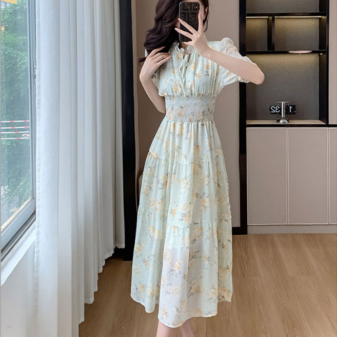 루씨앤 코메리 프릴 벌룬 반팔 플라워 슬림 플레어 여름 롱 여성 쉬폰원피스 22283