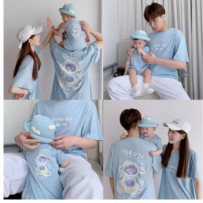 親子裝夏季短袖T恤 洋氣卡通小熊母女裝一家三四口嬰兒男女童, 圖片色,130cm