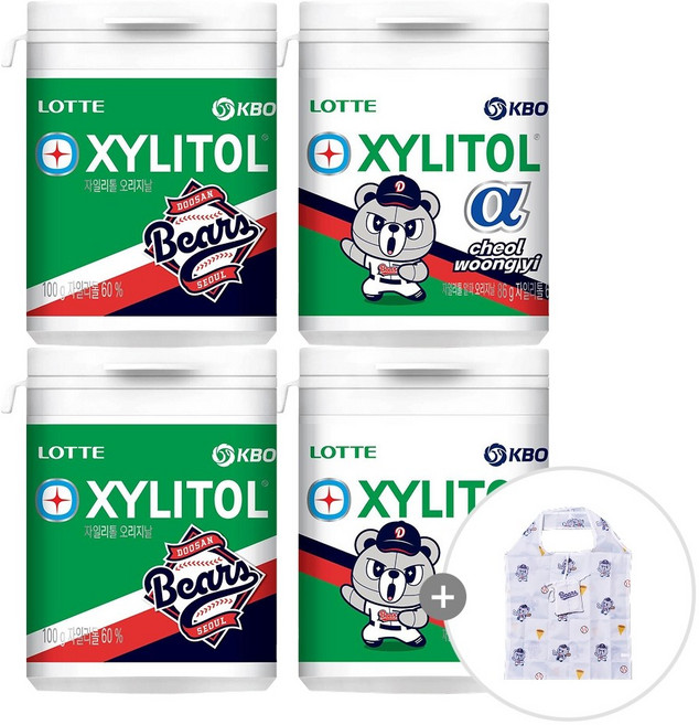 프로야구 KBO 자일리톨 용기 2종 오리지널 100g x2개+알파 86g x2개(10개구단)+짐색(장바구니) 증정, 1세트, 두산 자일리톨 용기 오리지날 2개+알파 2개