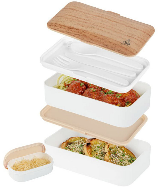 레스토랑웨어 벤투 텍 40.5단위온스 쌓을 수 있는 도시락 1개 재사용 용기 식기 포함 소스 컵 블루 화이트 플라스틱 레이어드 전자레인지 세척 가능, Wood & White