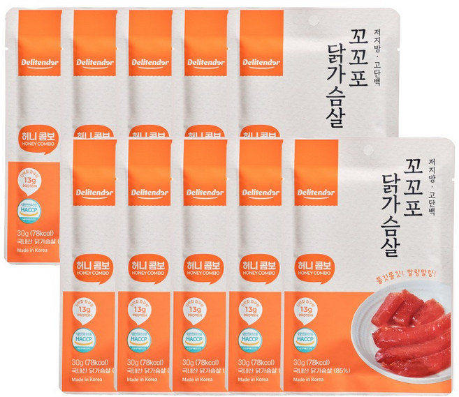 델리텐더 꼬꼬포 닭가슴살 육포 부드러운 고단백 저지방 다이어트 간식 30g 허니콤보맛, 10개