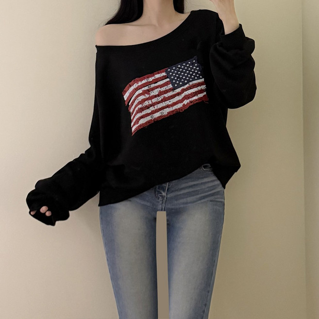 VANANA2 국내생산 원오프숄더 프린팅 맨투맨