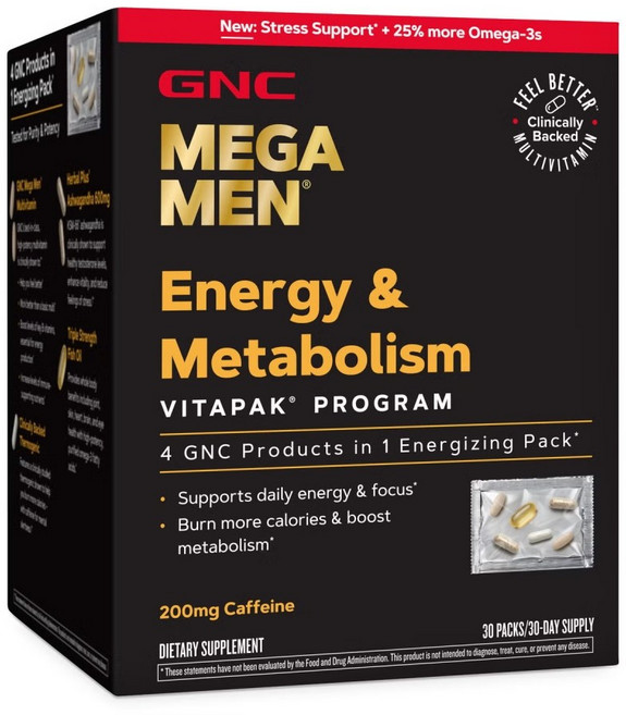 [정품 미국 배송] gnc 메가맨 에너지 & 메타볼리즘 비타팩 30팩 GNC Mega Men Energy Metabolism vitapak "NEW LOOK", 1박스, 30정