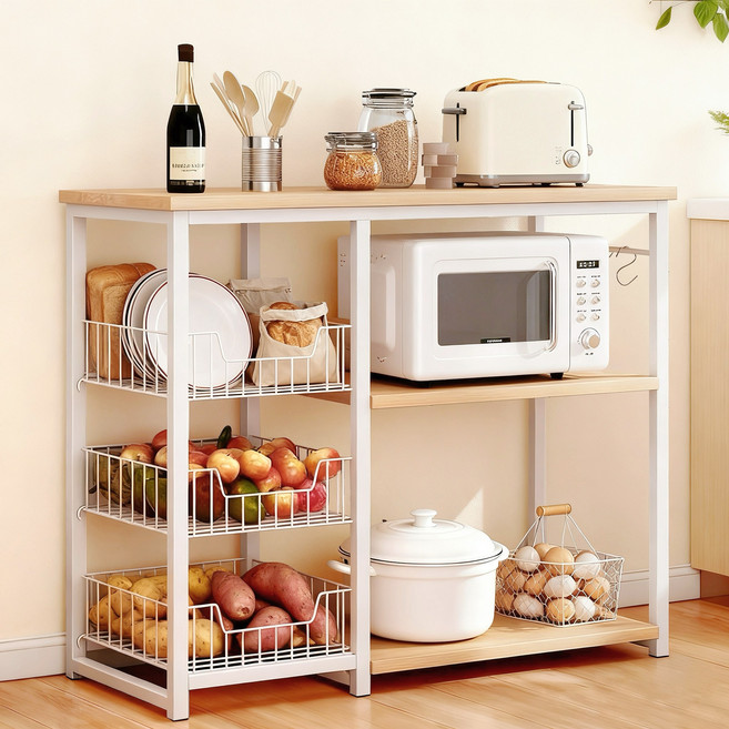 KURUA 주방 다용도 수납장, 3단, 오크화이트