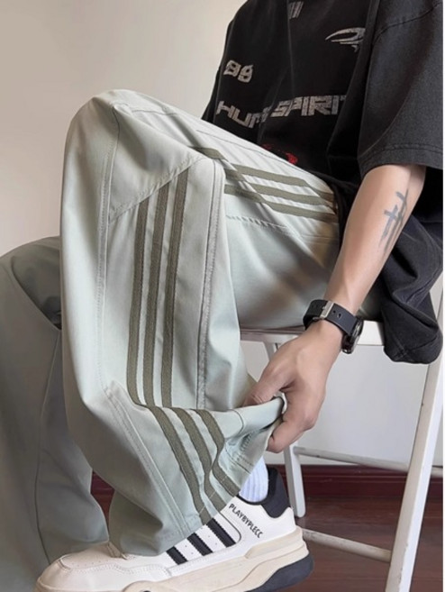 韓版簡約男士夏季褲子百搭寬鬆設計感直筒闊腿褲休閒長褲子