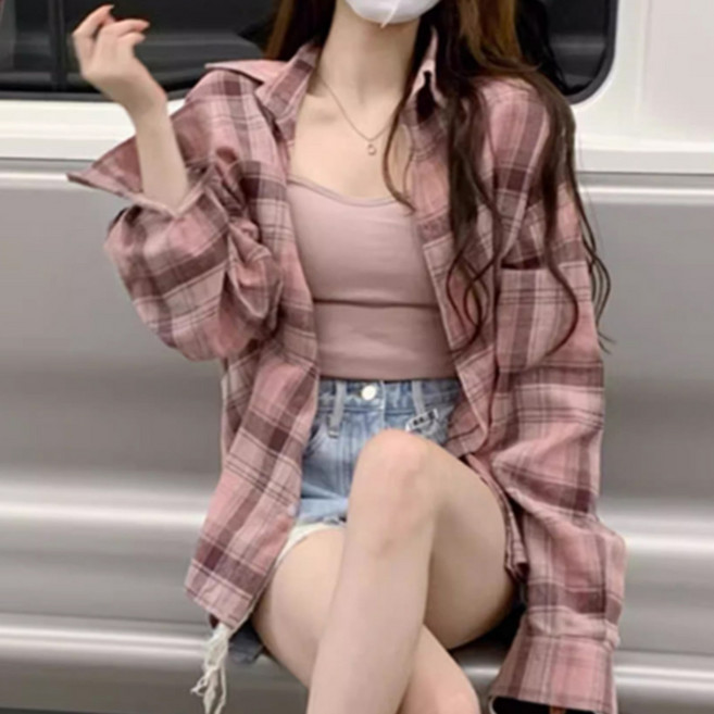 cammello 루즈핏 빈티지 체크 셔츠 간절기 레이어드 긴팔 남방