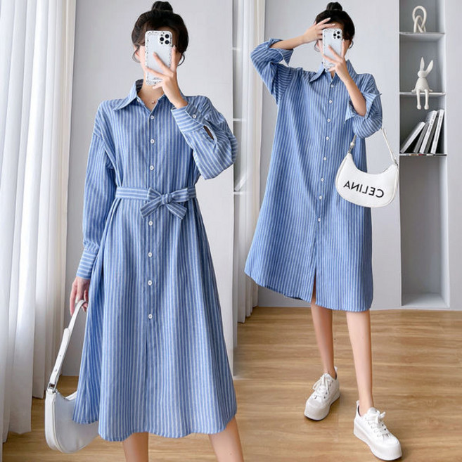 couyor빅사이즈 임산부 셔츠 원피스 가을 롱핏 모던한 오버핏 세로 스트라이프 긴팔 셔츠 워킹맘 셔츠원피스 오피스룩