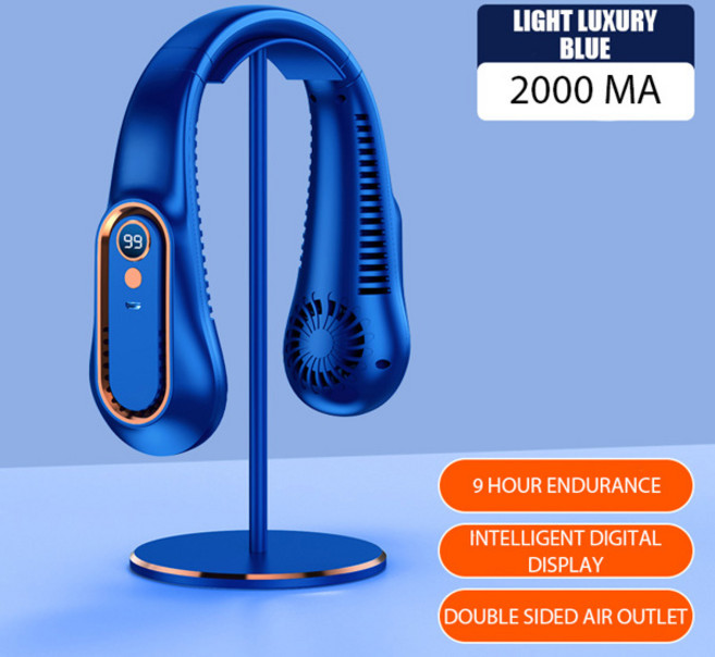 야외 휴대용 미니 걸이식 목 선풍기 블레이드리스 넥밴드 선풍기 디지털 디스플레이 전원 에어 쿨러 USB 충전식 선풍기, 03 파란