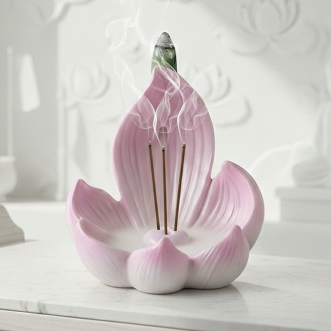 희비키 연꽃 인센스 홀더 받침대 향로 조각상, 핑크