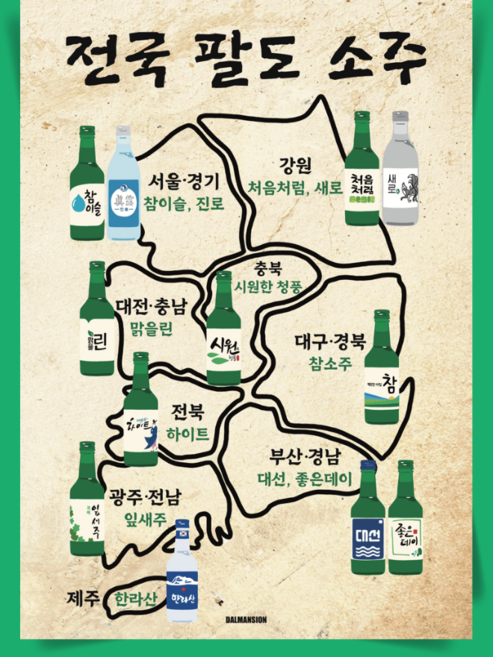 P100 전국팔도소주 포스터 지역 소주 술 인테리어 식당 술집 이자카야 포장마차 호프집, A3(중) 297x420mm