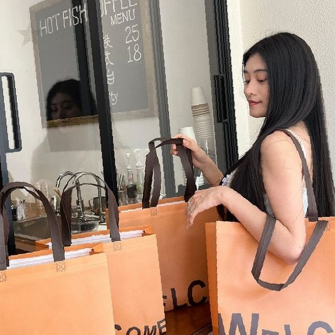 부직포 소재 쇼핑백 시장 장바구니 마트 휴대 가방 대형 중형 소형 선물 포장, 1개, 웰컴쇼핑백 오렌지 대형