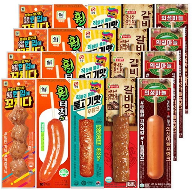 [다만세푸드] 의성마늘프랑크4+휠터치s4+불고기맛후랑크4+갈비맛프랑크4+한입에꼬치다4 20개/편의점 핫바 소세지, 20개, 1g