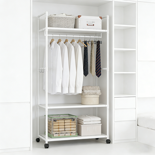 호밍사이 튼튼한 2단 이동식 철제 스탠드 옷걸이 행거 수납행거, 화이트