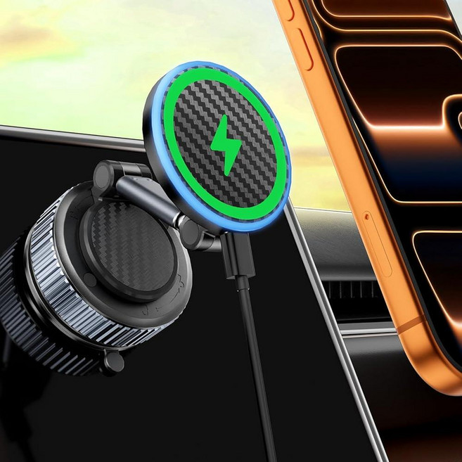 CloudValley 업그레이드 15W 무선 충전기 마그네틱 자동차 마운트 휴대폰 홀더 탄소 섬유 대시보드/윈드실드 360° 조절 가능한 스탠드 [MagSafe와 호환] 아, CloudValley 15W 무선 충전기 마그네틱 자동