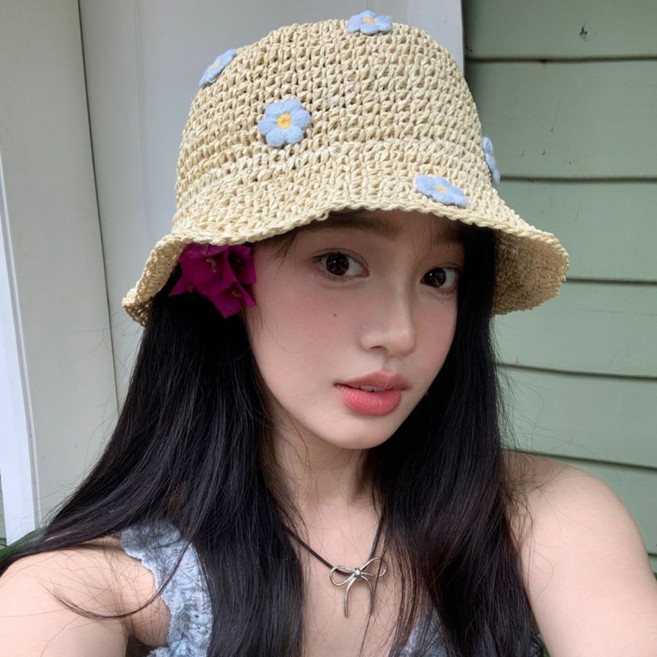 티모양 여름 여성 모자 라탄 밀짚 라피아 햇빛가리개 자외선차단 챙모자 버킷햇