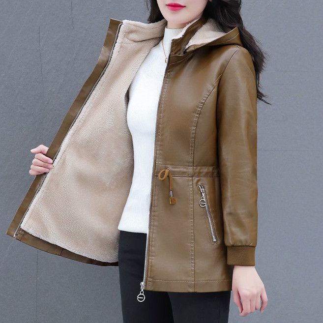 여성 양털 안감 겨울 후드 집업 가죽 자켓 기모 두툼 허리조임 PU 레더 자켓 점퍼