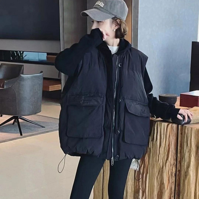 꽃소담 여성 오버핏 겨울 패딩 조끼 100kg까지 빅사이즈 카고 패딩 베스트 HXY735