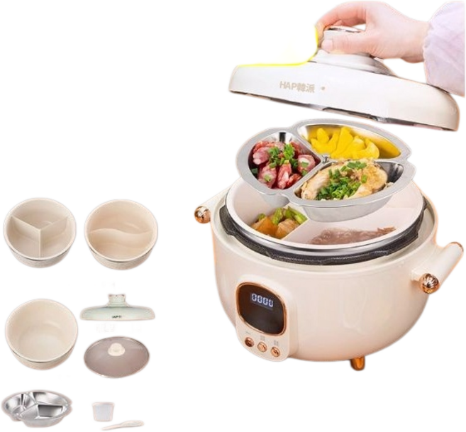 HAP韓派 多功能電鍋，2L/4L可變容量，三段火力調節，內鍋分格設計, 米白色, 拍一發八