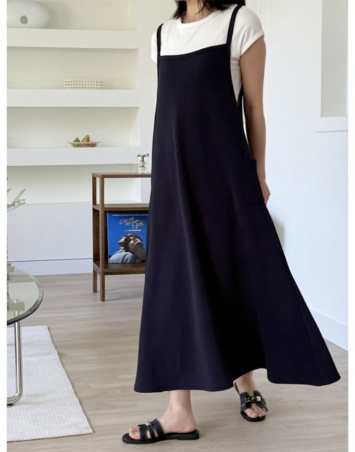 R198 플레어 롱원피스 링클프리 나시 멜빵 포켓롱원피스 루즈핏 빅사이즈 뷔스티에원피스