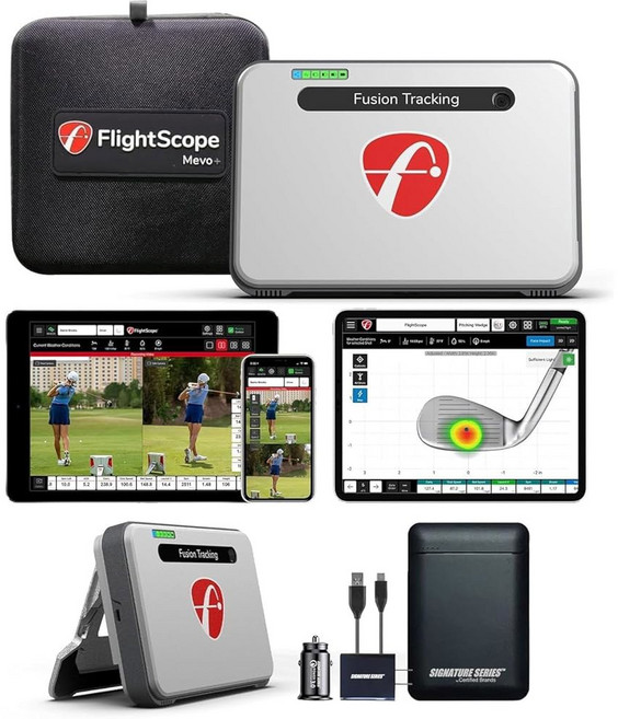 FlightScope Mevo+ 휴대용 골프 출시 모니터 레인지파인더 및 시뮬레이터 시그니처 파워 번들 | 20개 이상의 풀 스윙 게임 데이터 통계 12개 17개 연습장, 2 Mevo+ Face Impact, Signature Gift Bundle, 1개