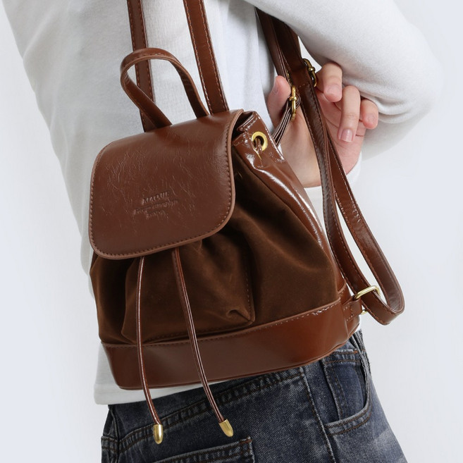 부드러운 레더 스웨이드 여성 심플 미니 복조리 백팩 시어링