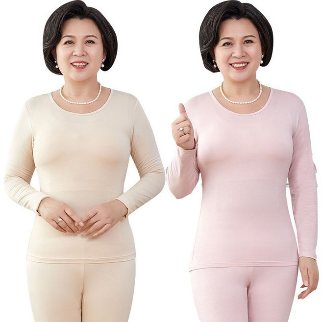 1+1 중년 여성 겨울 내의 세트 발열 기모 내의 세트 도톰 할머니옷 중장년 라운드 내복 상하 투피스 빅사이즈 2P CY