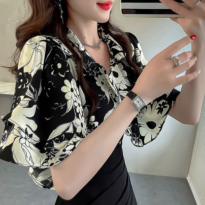 設計感荷葉邊碎花上衣 女 新款短袖甜美藍色襯衫 寬鬆大碼花襯衣