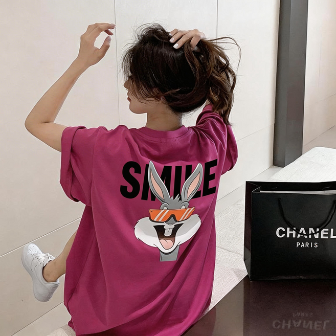 스미제작 여성 오버핏 빅사이즈 토끼 프린팅 반팔 티셔츠