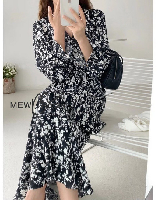 碎花V領蛋糕長洋裝, 黑