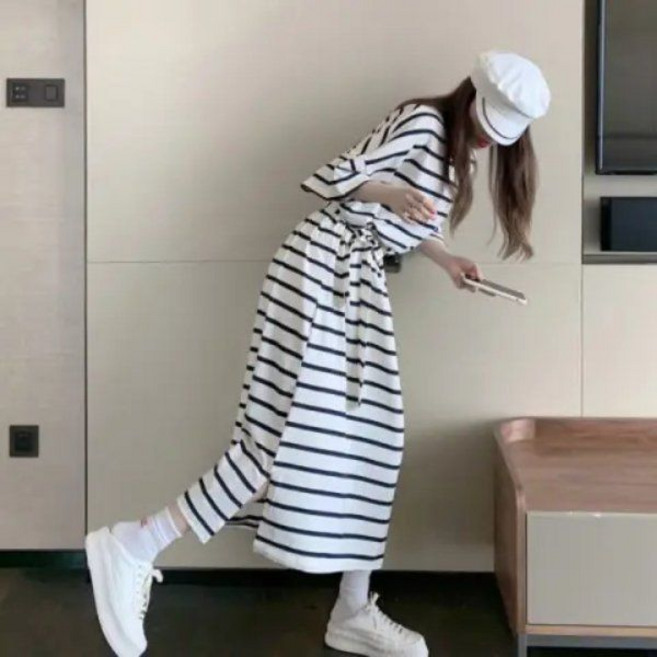 Seofst 여성 여름 빅사이즈 스트라이프 반팔 원피스 허리슬림 체형커버 미디 롱 티셔츠원피스 벨트세트
