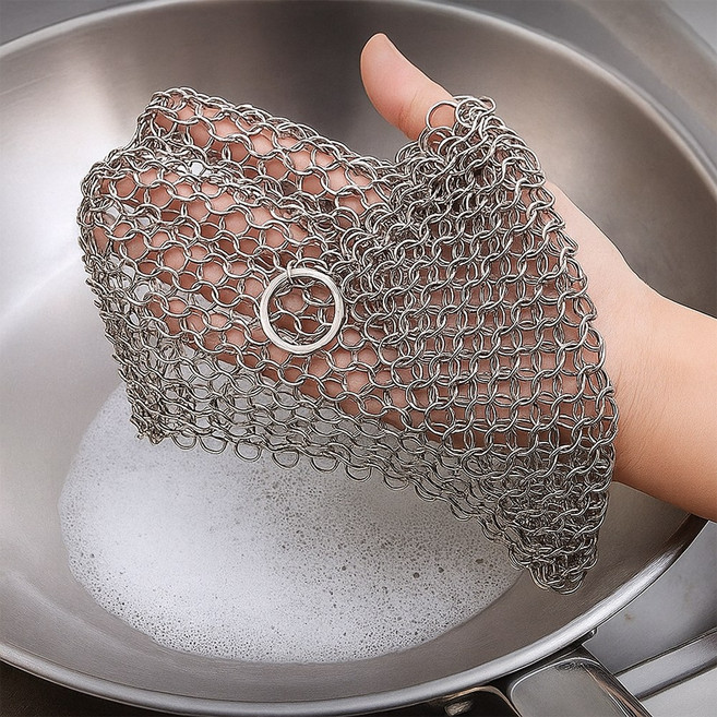 Jeepsaram 철 스텐 수세미 쇠 링 쇠사슬 친환경 제로웨이스트 무쇠팬 탄냄비 주방 그물망, 1개입, 1개