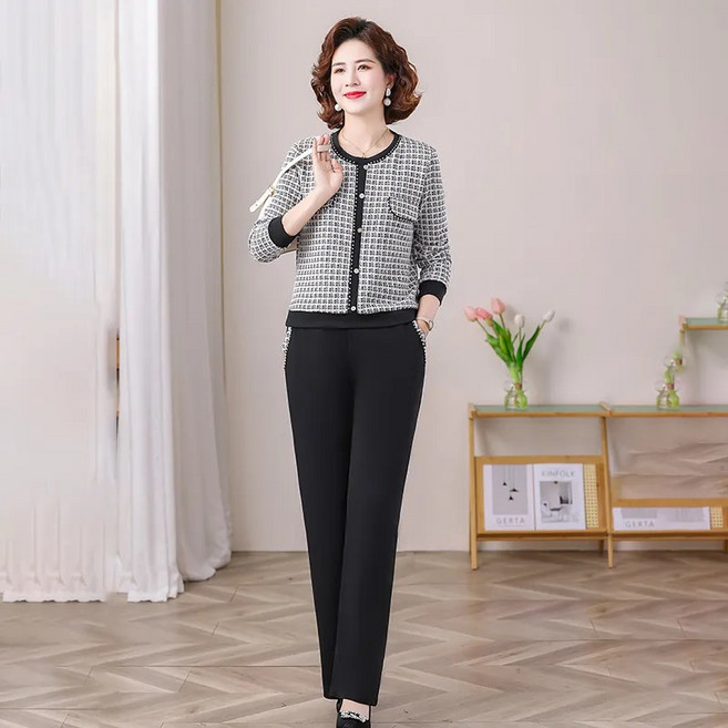 봄 가을 중년 여성 트위드 세트 캐주얼 중년 멈마 소향풍 긴팔 자켓 + 하이웨이스트 일자 팬츠 상하의 투피스 세트 기질 빈티지 하객룩 세트 CY