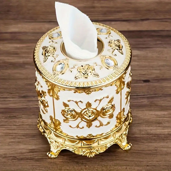 COVERONE 유럽 앤틱 스타일 원형 티슈 케이스, 1개, 16.5cm*15.5cm 화이트