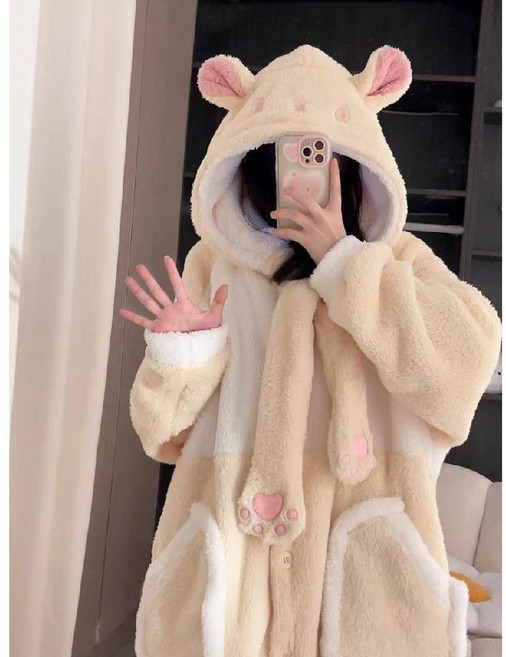 티류으스 여성 겨울 극세사 햄스터 후드 롱 파자마 가운 홈웨어 Lyw