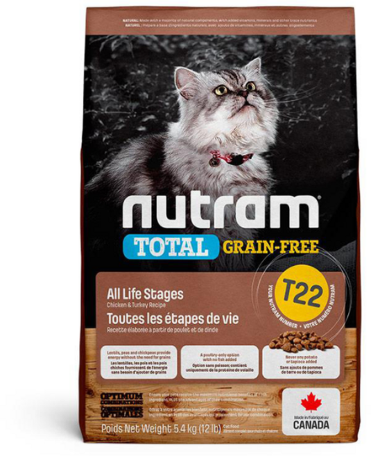 Nutram 紐頓 無穀全能貓 T22 雞肉+火雞配方乾糧, 5.4kg, 1包, 雞肉+火雞