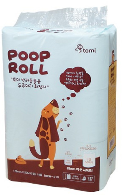 Tomi 반려동물 3겹 배변 두루마리 화장지 50m, 1팩(18롤), 18롤, 1개