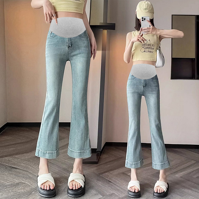 디한스 임산부 여름 얇은 9부 부츠컷 청바지