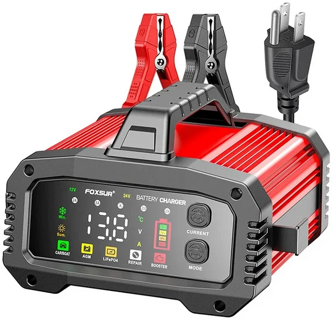 FOXSUR 휴대용 스마트 자동차 배터리 충전기 12V 25Amp LiFePO4 AGM 젤 납 산성 오토바이 트럭 부스터, 05  Plug (Red)