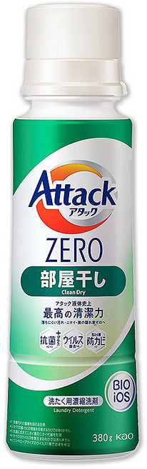 日本 KAO 花王 Attack ZERO 新極淨 瓶蓋型 洗衣精 380g 室內晾乾專用, 1個, 室內消臭型(綠)
